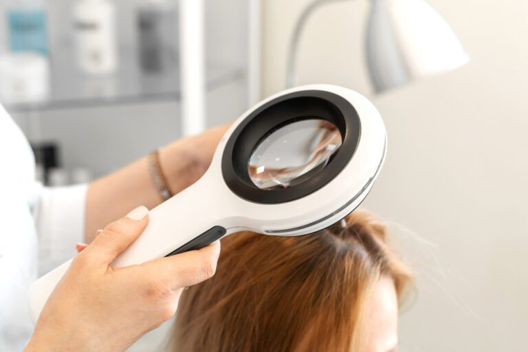 Dermatologista especialista em cabelo usa ferramenta para analisar couro cabeludo da paciente